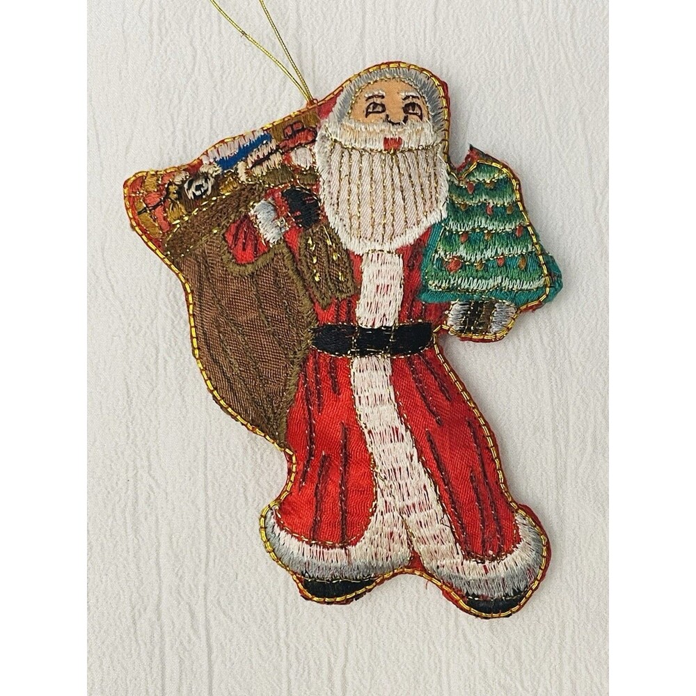VTG Santa Christmas Ornament Fabric Silk Figurine Needlecraft Gold Thread 5.25”